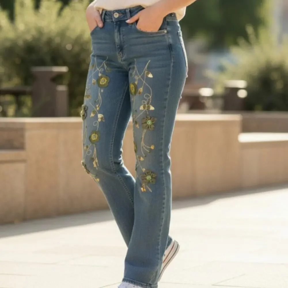 Vintage Willi Smith Floral Embroidered Jeans Size 8 Bootcut - Picture 2 of 8